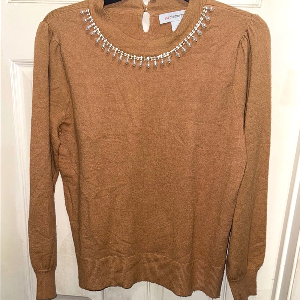 Liz Claiborne Women's Brown Sweater with Embellished Neckline